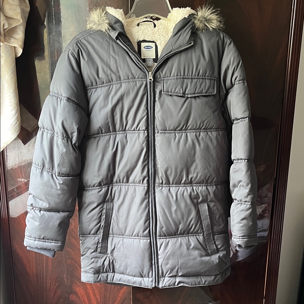 Old Navy Charcoal Puffer Jacket with Faux Fur Hood
